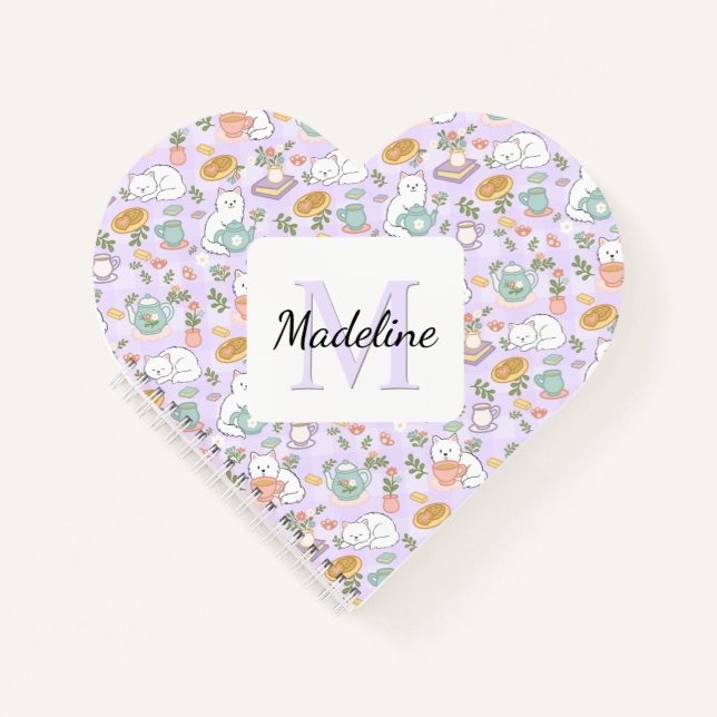 Carnet Heart Tea & Bookish Cats Notebook Personalized (Devant)