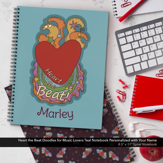 Carnet Heart the Beat Doodles pour les amoureux de la mus (Heart the Beat Doodles for Music Lovers Teal Notebook Personalized with Your Name)