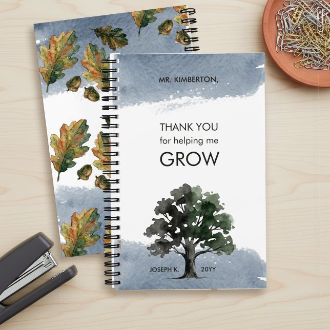 Carnet Helping Me Grow Oak Tree Watercolor Teacher (Personalized "thank you for helping me grow" Teacher Appreciation notebook by Darling & May)