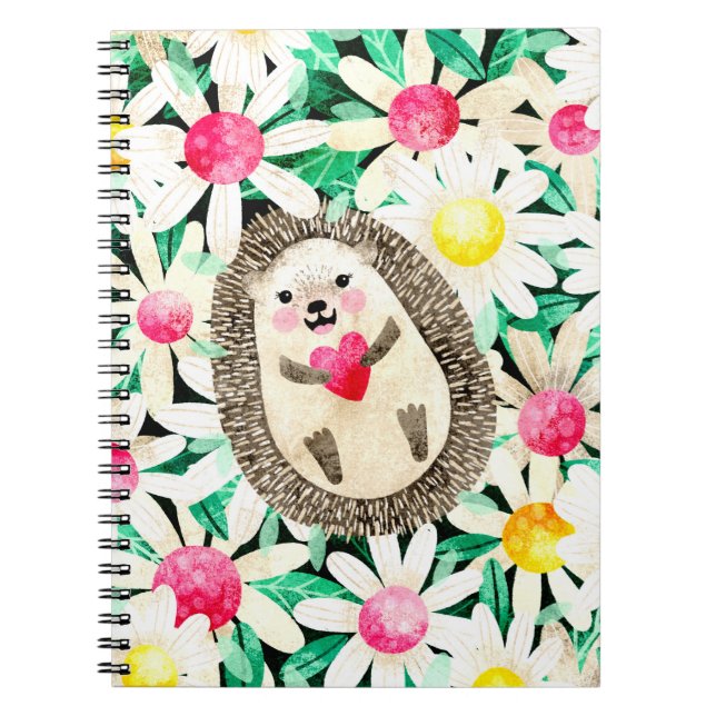Carnet Hérisson adorable dans des fleurs rose jaune fémin (Devant)