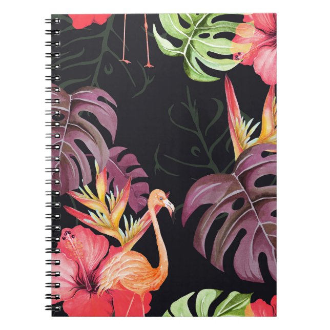 Carnet Hibiscus, Flamants roses, Aquarelle Motif tropical (Devant)