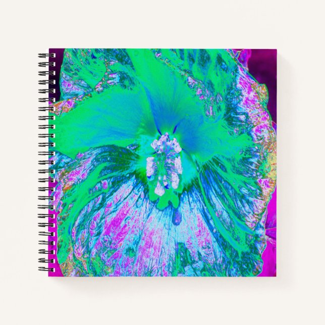 Carnet Hibiscus psychédélique rétro vert et rose chaud (Devant)