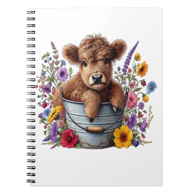 Carnet Highland Cow in Flower Bucket Png, Cute (Devant)