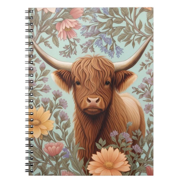Carnet Highland Cow Pastel William Morris Inspired Floral (Devant)