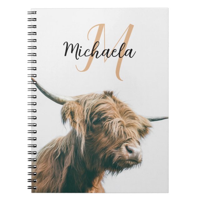 Carnet Highland cow portrait custom name initial monogram (Devant)