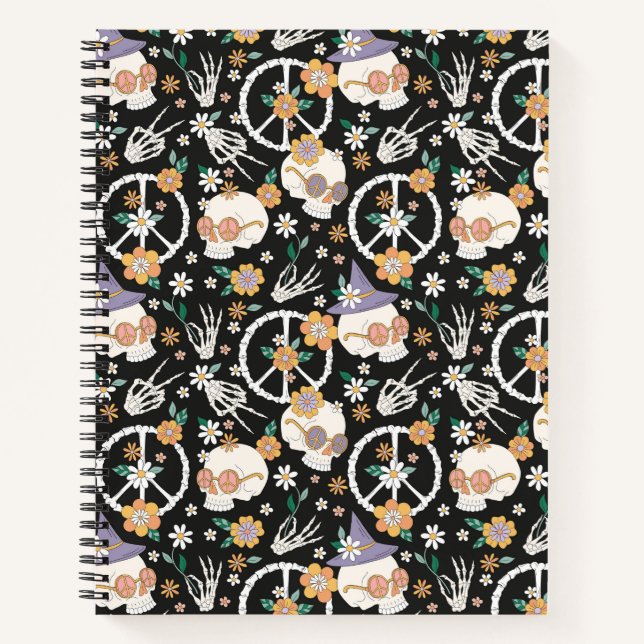 Carnet Hippie Halloween Skulls et Fleurs Motif (Devant)