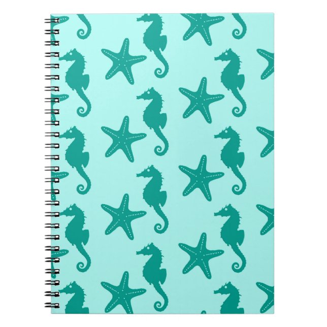Carnet Hippocampe et étoile de mer - turquoise et aqua (Devant)