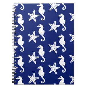 Carnet Hippocampe & étoile de mer - bleu marine et blanc