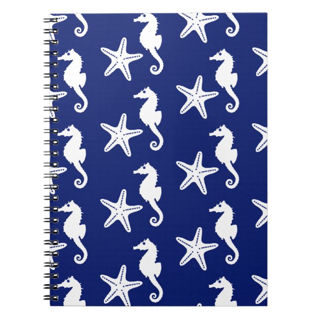 Carnet Hippocampe & étoile de mer - bleu marine et blanc (Devant)