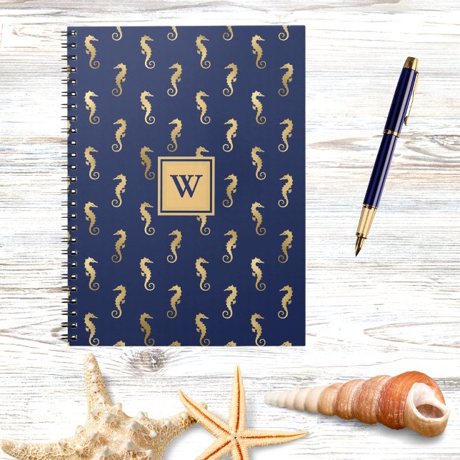 Carnet Hippocampes en élégant marine et initiale monogram (Créateur téléchargé)
