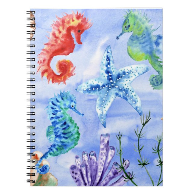 Carnet Hippocampes et étoiles de mer avec motif de coraux (Devant)