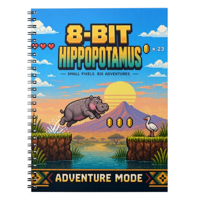 Carnet Hippopotame, Rétro Pixel Art 8-Bit (Devant)