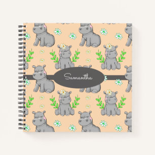 Carnet Hippopotames mignons et fleurs Nom personnalisé du
