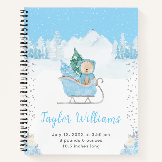 Carnet Hiver Bear Blue Sleigh Statistiques de naissance (Devant)