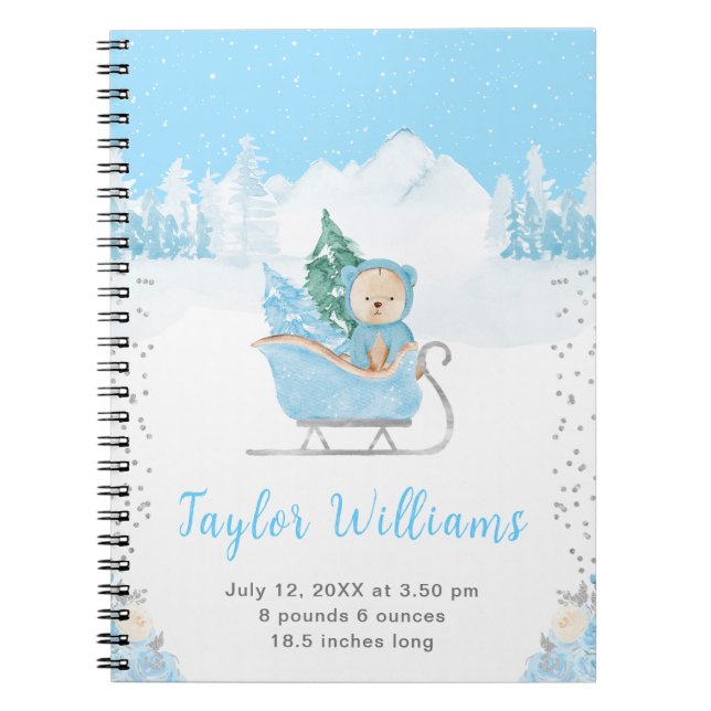 Carnet Hiver Bear Blue Sleigh Statistiques de naissance (Devant)