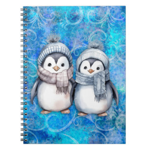 Carnet Hiver Bleu Aquarelle Pingouins Écarts Casquette