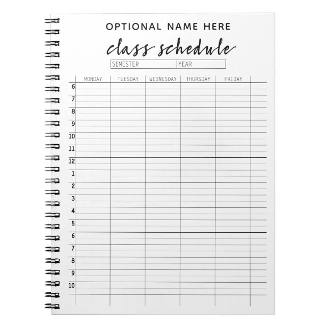 Carnet Horaire de classe pour le semestre - noir et blanc (Devant)