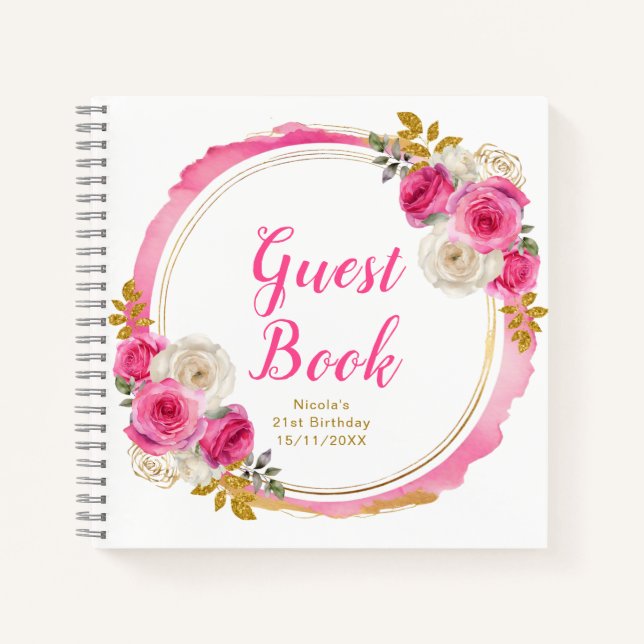 Carnet Hot Pink and Gold Elegant Flowers Birthday Party (Devant)