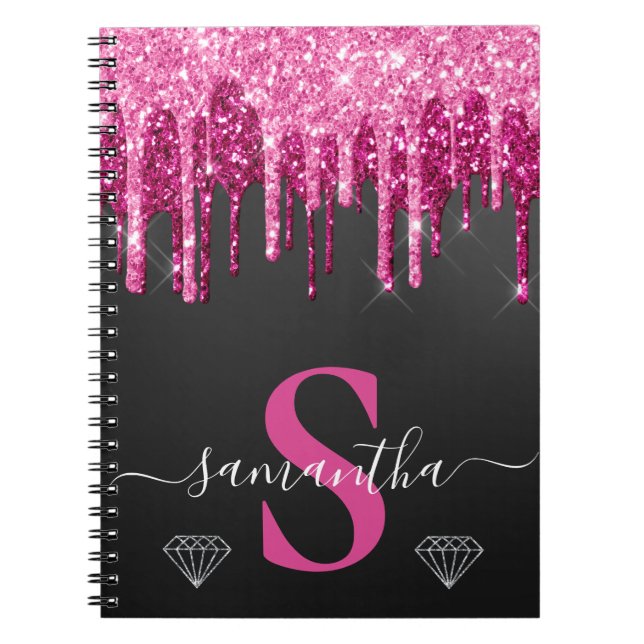 Carnet Hot Pink Dripping Glitter on Black Monogram (Devant)