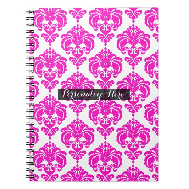 Carnet Hot rose blanc Damask Chic moderne élégant Motif (Devant)