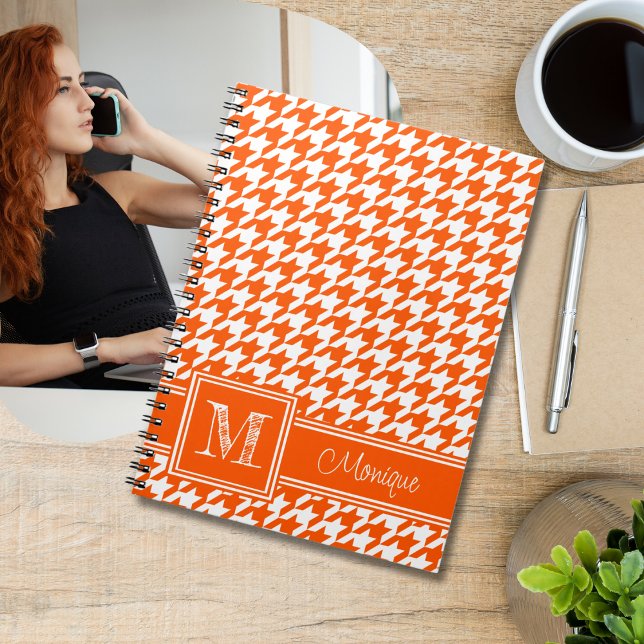 Carnet Houndstooth blanc orange | Monogramme moderne (Créateur téléchargé)
