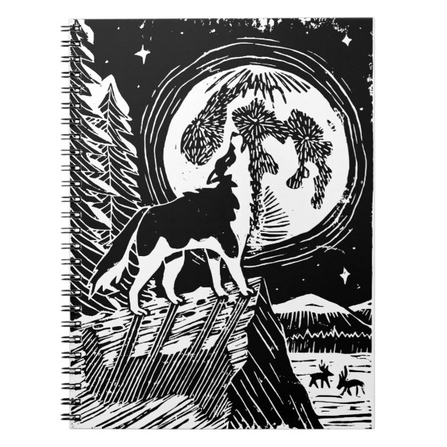 Carnet Husky Howling noir et blanc à Night Linocut (Devant)