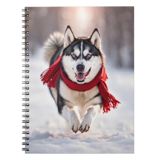 Carnet Husky Portant Une Écharpe D'Hiver Rouge (Devant)