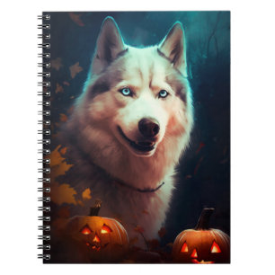 Carnet Husky sibérien Halloween avec citrouilles épouvant