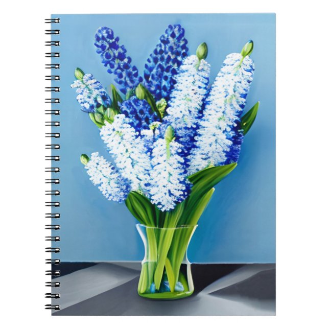 Carnet Hyacinthes blancs dans un vase en verre sur bleu (Devant)