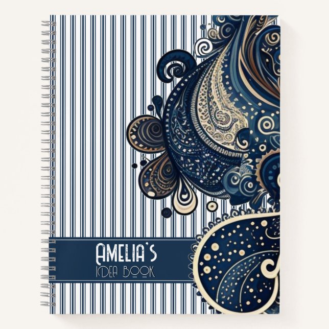 Carnet Idée Boho Retro Paisley Blue Stripes (Devant)