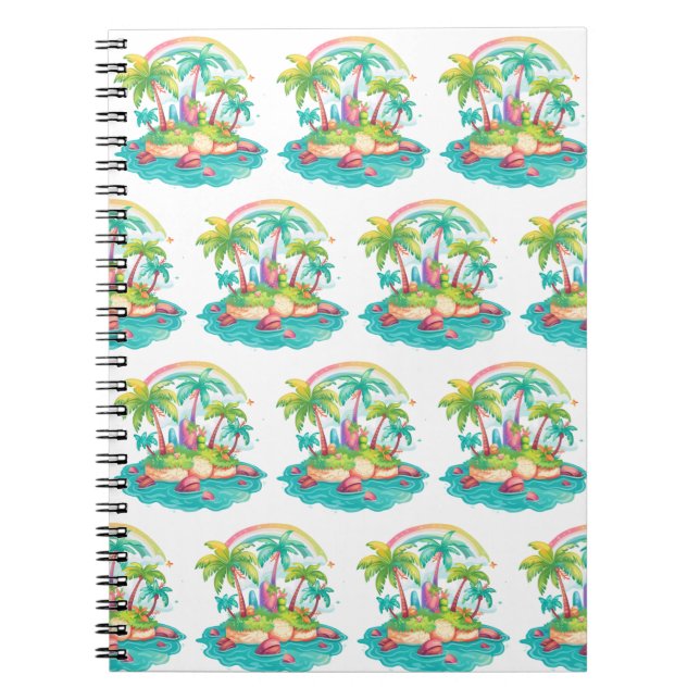 Carnet Île tropicale avec palmiers et arc-en-ciel (Devant)