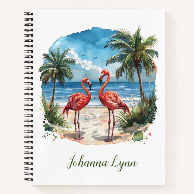 Carnet Île Tropicale Flamant Rose Plage Palmiers (Devant)