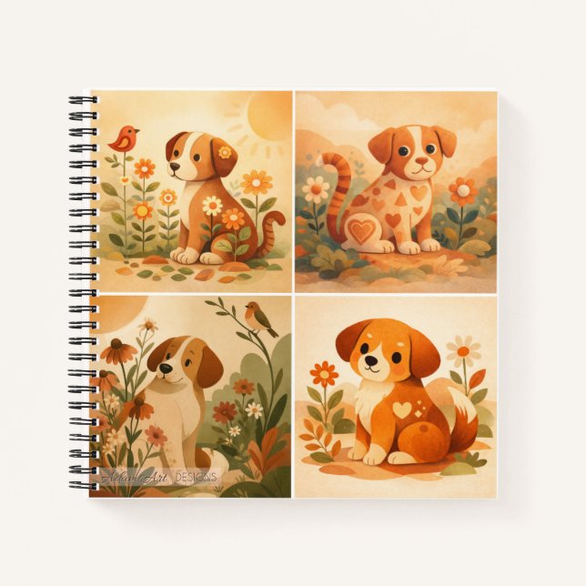 Carnet Illustration de jardin de chiots floraux mignons (Devant)
