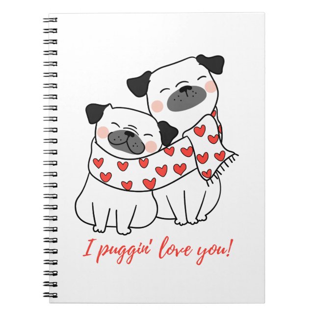 Carnet Illustration d'un couple de Pug mignon avec des cœ (Devant)