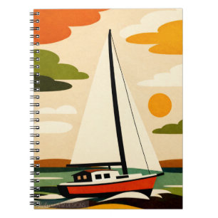 Carnet Illustration Rétro de Voilier au Coucher du Soleil