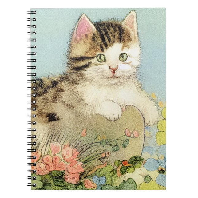 Carnet Illustration vintage de chat avec fleurs roses (Devant)