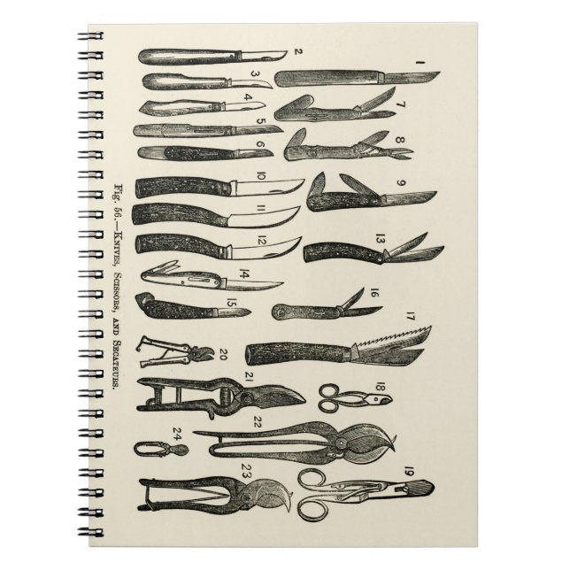 Carnet Illustration vintage de couteaux, ciseaux, sécateu (Devant)