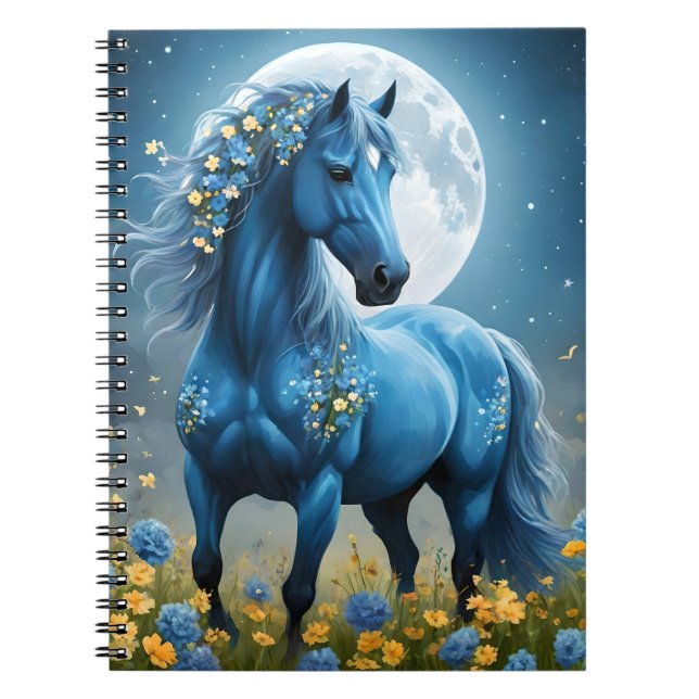 Carnet Imaginaire Bleu Magique Cheval Lune Fleurs, (Devant)