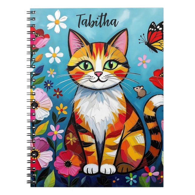Carnet Impasto Cat, Flowers & Butterfly Personalized (Devant)