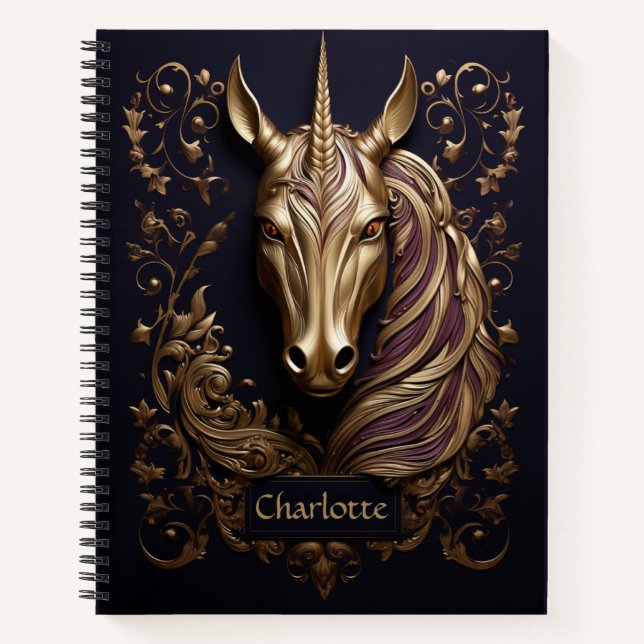 Carnet Impressionnante licorne dorée 3D personnalisée (Devant)