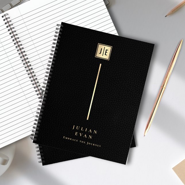 Carnet Imprimé Cuir Élégant Spirale Monogramme Noir & Or (Elegant Leather Print Black & Gold Monogram Spiral Notebook)