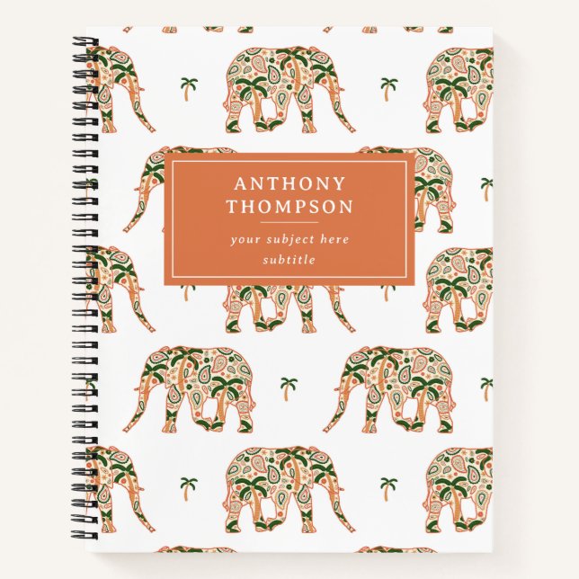 Carnet Indian Floral Paisley Ornate Elephants Custom Name (Devant)