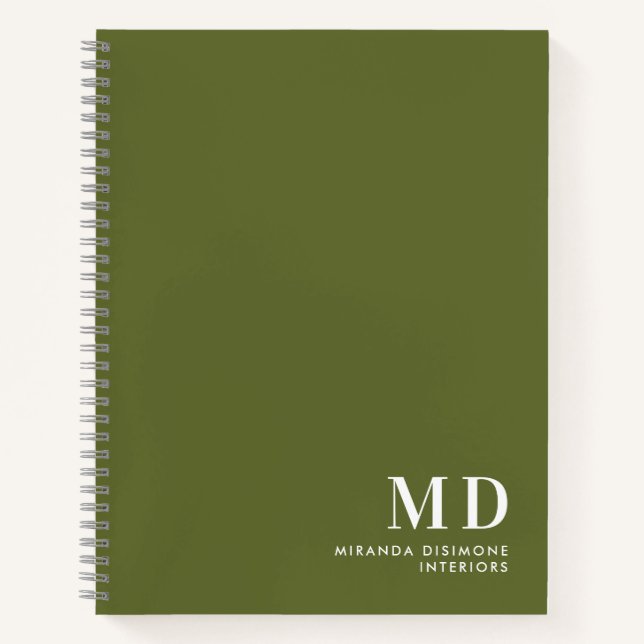 Carnet Initiales de monogramme professionnel vert olive (Devant)