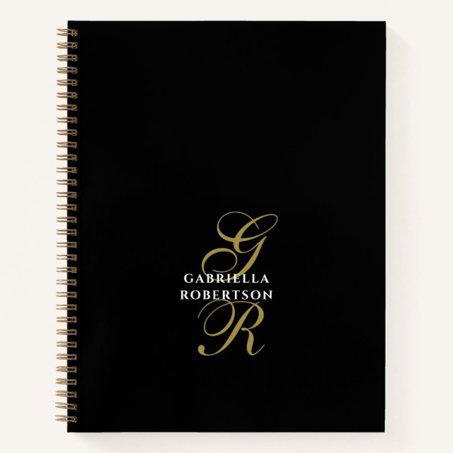 Carnet Initiales dorées Monogramme noir Nom blanc Élégant (Devant)