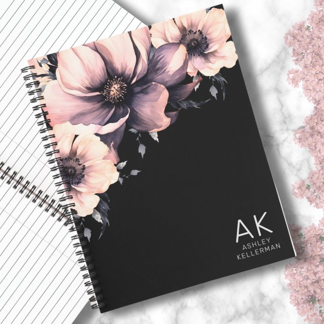 Carnet Initiales Monogrammes Florales Noir Rose Moderne (Chic Modern Black Pink Floral Monogrammed Initials Notebook)