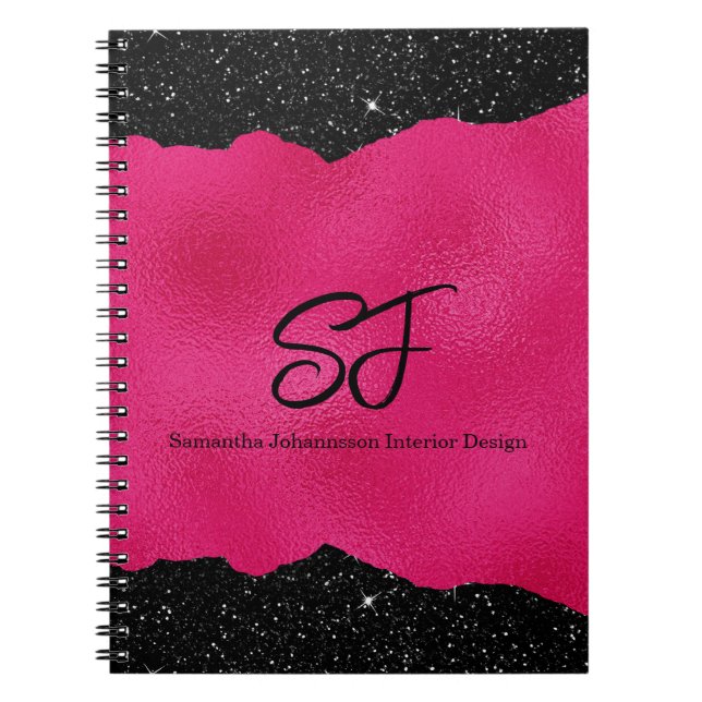 Carnet Initiales Monogrammes sur noir et rose chaud luxue (Devant)