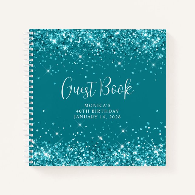 Carnet Invité d'anniversaire 40 ans Turquoise foncé paill (Devant)