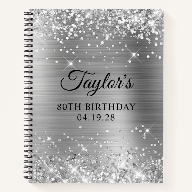 Carnet Invité d'anniversaire 80 ans Pailleté Argenté Feui (Devant)