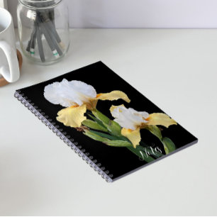 Carnet Iris blancs et jaunes sur fond floral noir