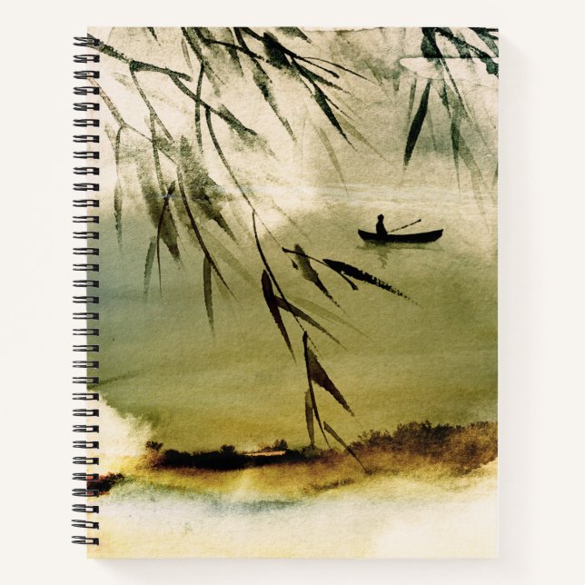 Carnet Japonais aquarelle paysage homme barque (Devant)